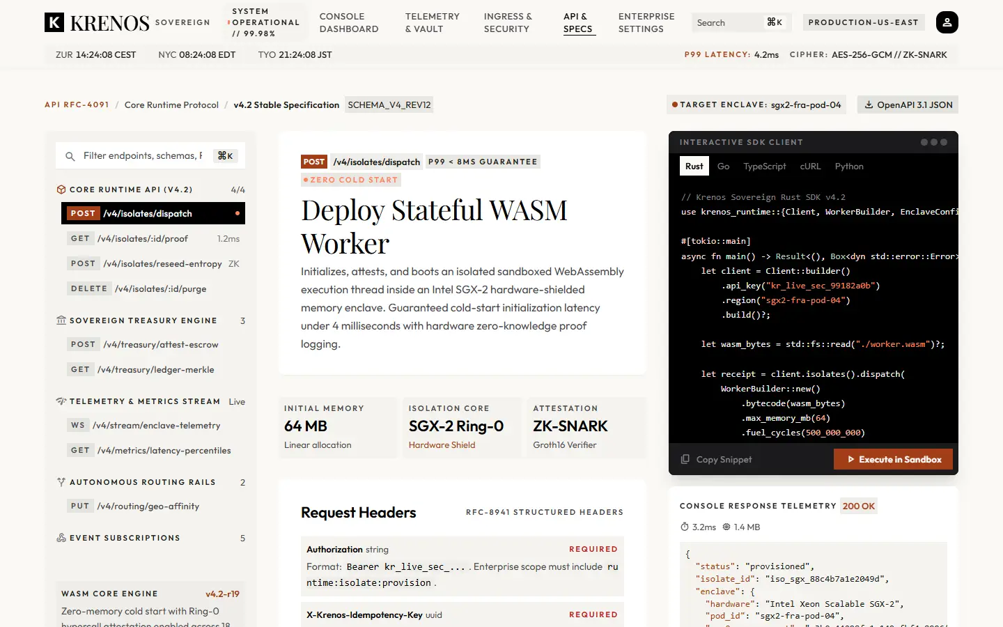 API Reference template: an endpoint index, request schema and a dark SDK client panel.