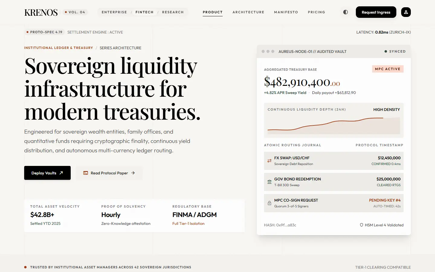 Aureus template: a headline about sovereign liquidity infrastructure beside a vault balance console.