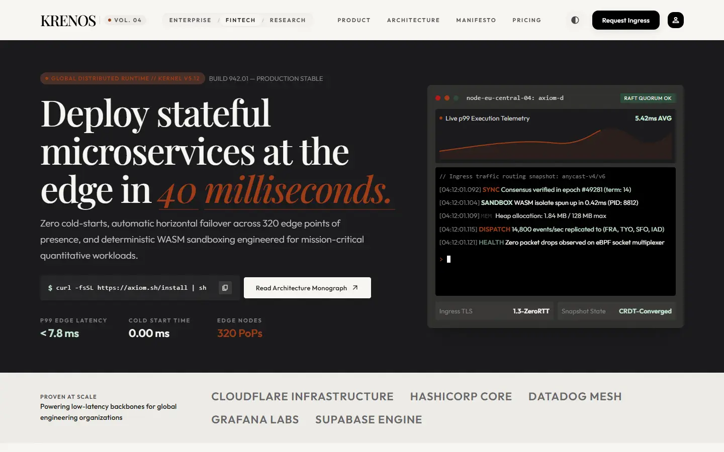 Axiom template: a headline about deploying microservices at the edge beside a dark terminal.