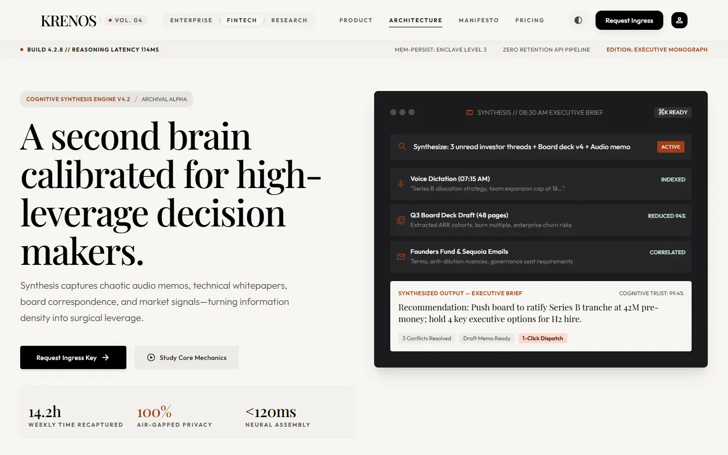 Synthesis template: a serif headline about a second brain beside a streaming AI console.